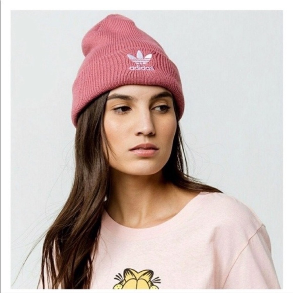 Adidas Originals Trefoil Beanie Hat Dusty Rose Pink Ribbed Knit Cuffed Logo OSFM